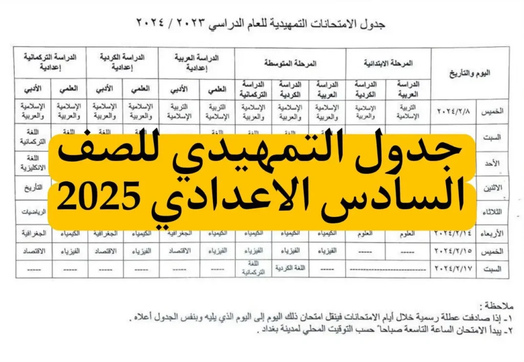 جدول التمهيدي للصف السادس الاعدادي 2025