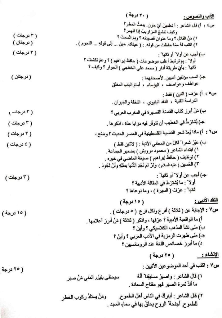 اسئلة اللغة العربية التمهيدي السادس الاعدادي العلمي والادبي 2025 مع الحل 4 اسئلة العربي التمهيدي للصف السادس الإعدادي – الفرع الادبي
