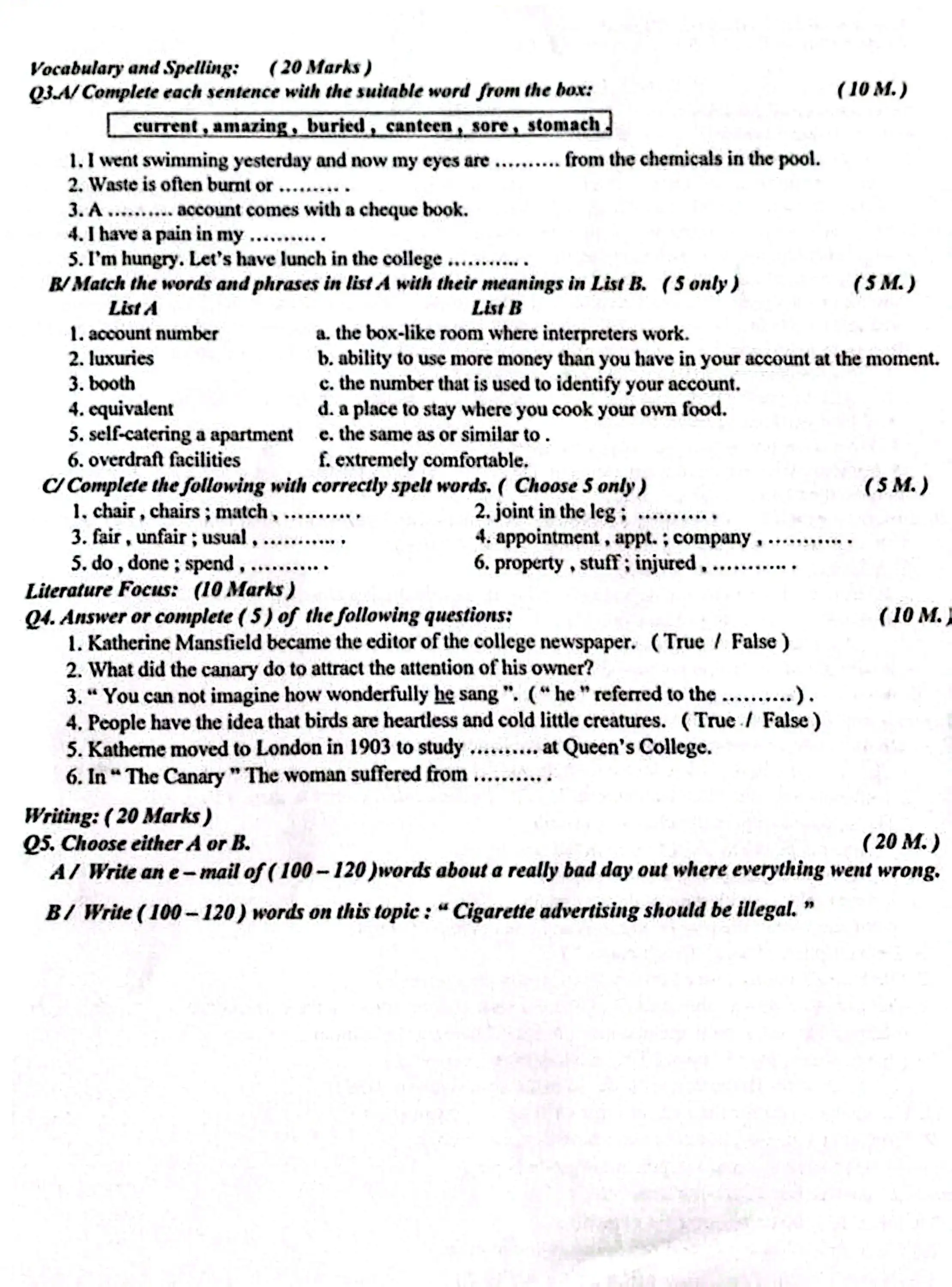 اسئلة اللغة الانكليزية للصف السادس الاعدادي التمهيدي 2025 الصفحة الثانية