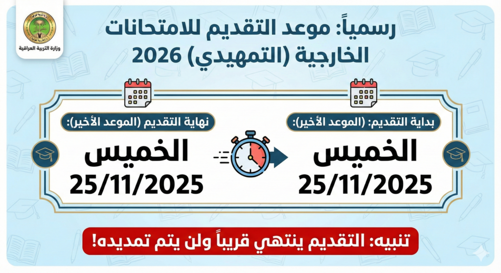 موعد التقديم للامتحانات الخارجية 2026 2 إنفوجرافيك يوضح موعد التقديم للامتحانات الخارجية 2026 وتاريخ الانتهاء الرسمي